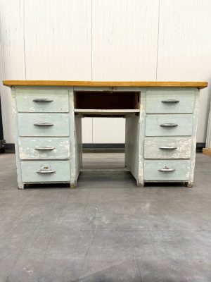 Vintage Bureau Blauwgroen Met Hout Blad 8 Laden